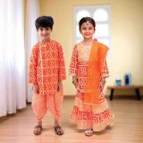 Orange Bandhani Lehriya Sibling Set