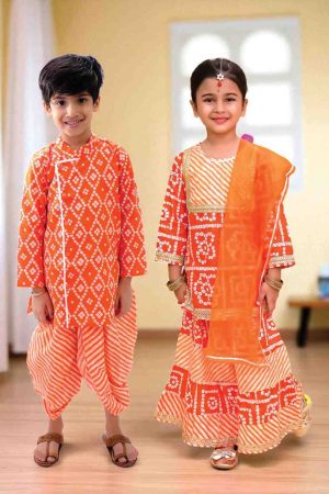 Orange Bandhani Lehriya Sibling Set