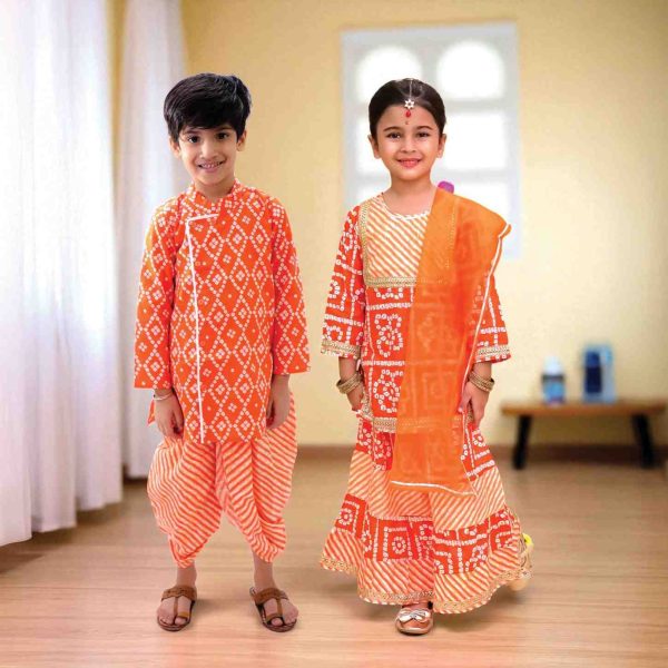 Orange Bandhani Lehriya Sibling Set
