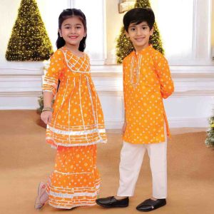 Girls Orange Bandhani Print Sharara Set & Boys Kurta Pajama