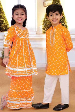 Girls Orange Bandhani Print Sharara Set & Boys Kurta Pajama