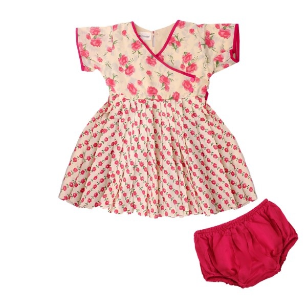 Girls Pink Flower Pleated Frock with Bloomers