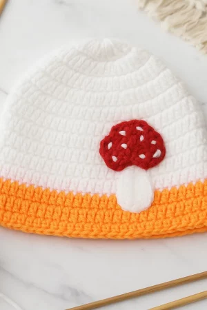 White Orange Mushroom Woollen Cap