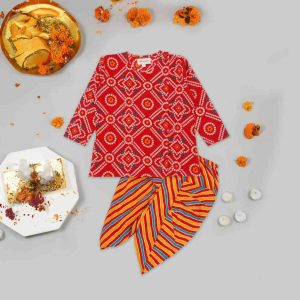 Boys Red Bandhani Dhoti Kurta