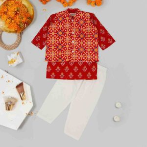 Red Bandhani Kurta Pajama and Jacket for Boys