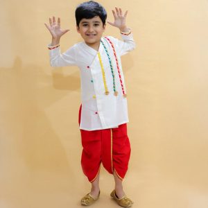 Red & White Dhoti Kurta With Lace Work