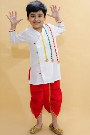 Red & White Dhoti Kurta With Lace Work