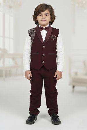 Boys Maroon 3 Pcs Vest Suit