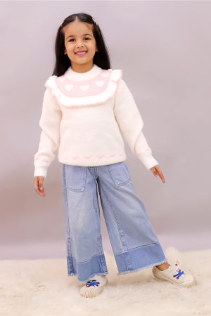 Girls Heart Cream Ruffle Sweater