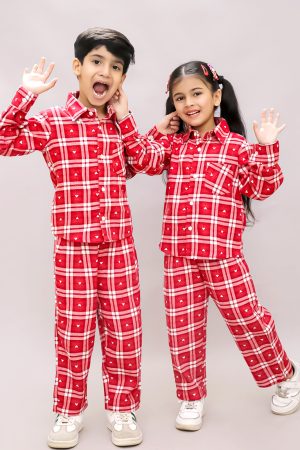 Red & White Heart Check Winter Night Suit