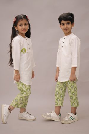 Kids Green Lion Printed Kurta pajama Night suit