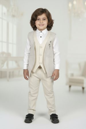 Boys Beige 3 Pcs Vest Suit